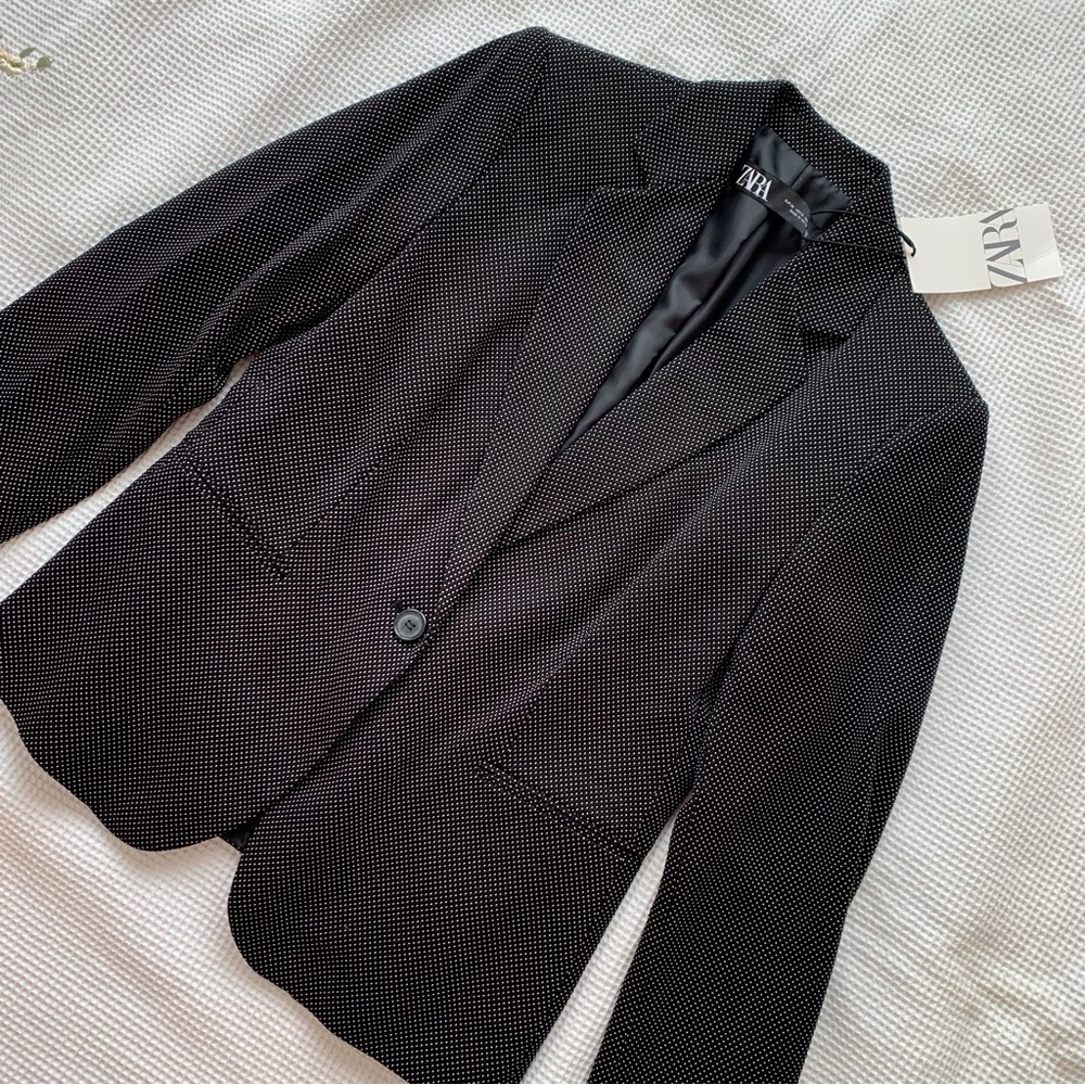 NWT Zara One Button Blazer in Black/White Polka Dots Size EUR 38 or US 6